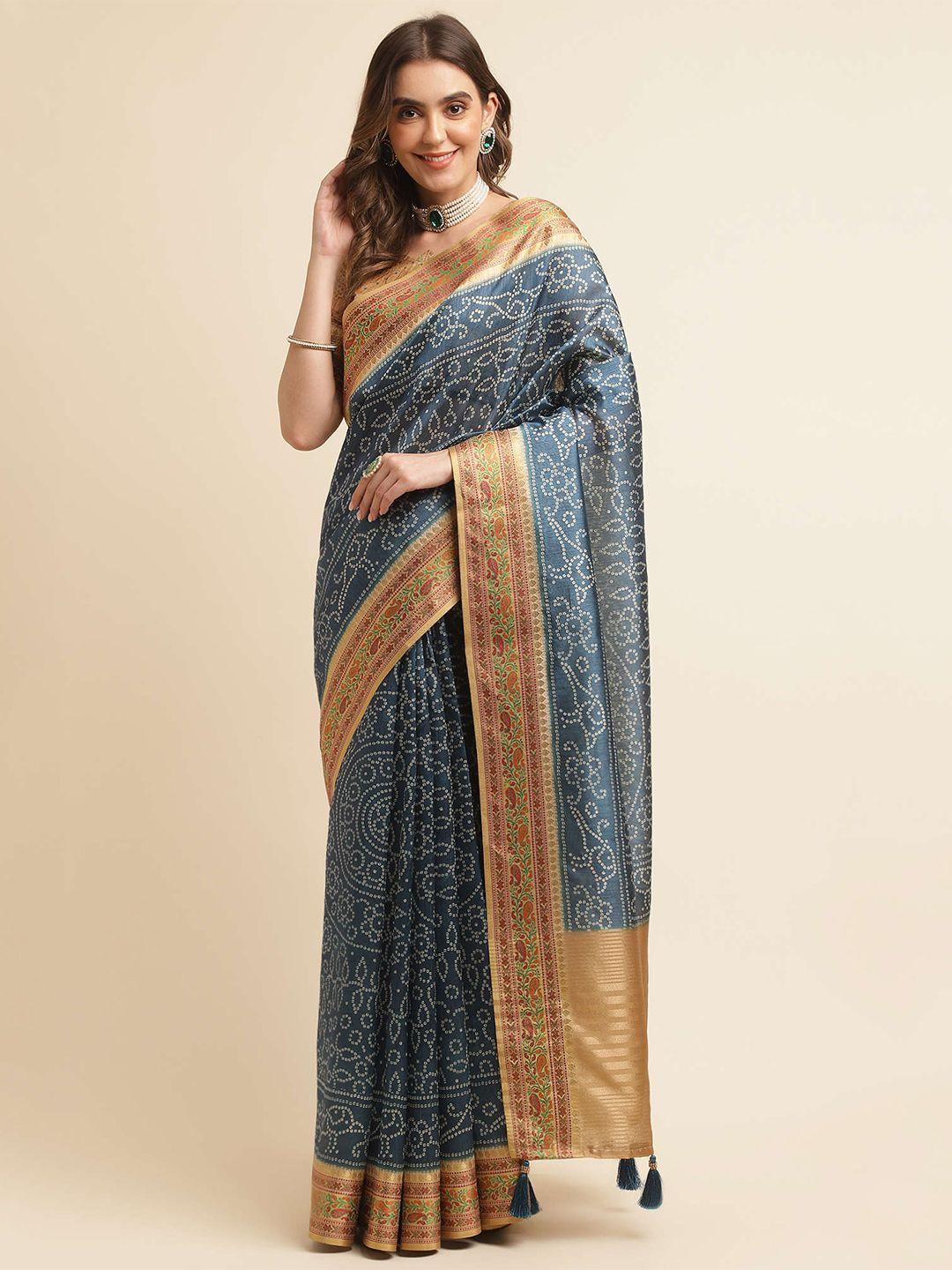 mitera blue & gold-toned printed zari pure silk bandhani saree