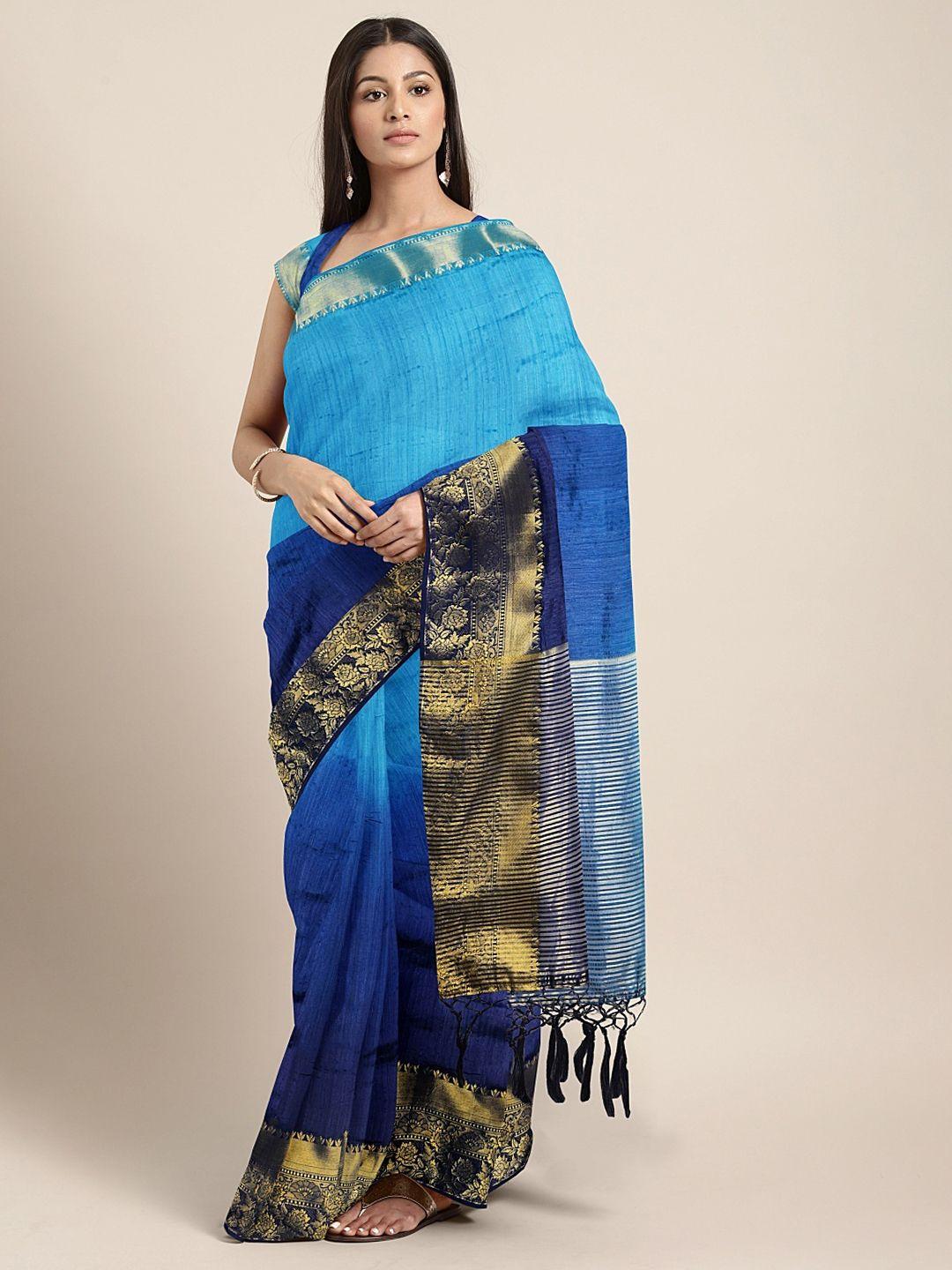 mitera blue & gold-toned silk cotton solid saree