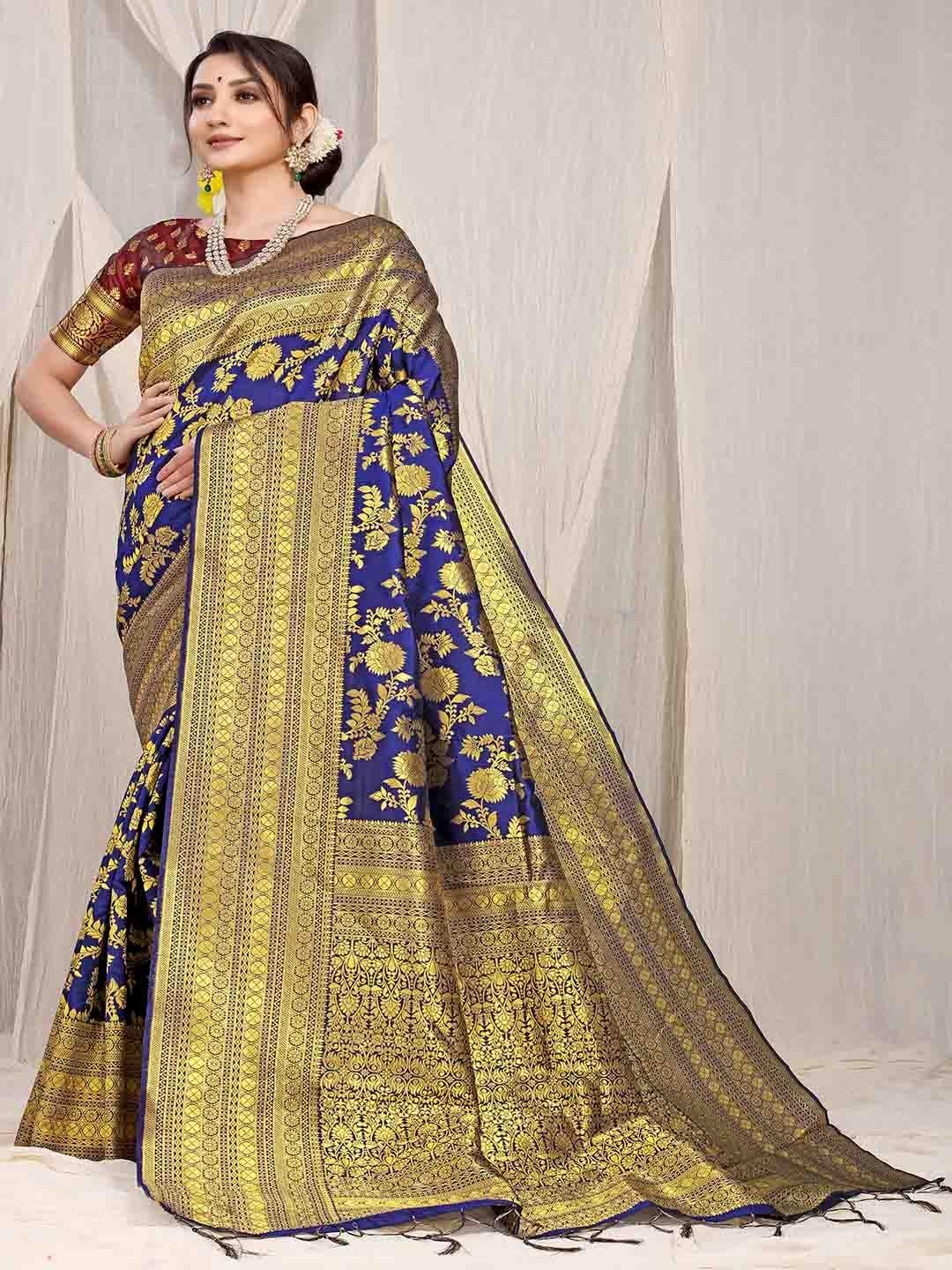 mitera blue & gold-toned woven design zari art silk saree