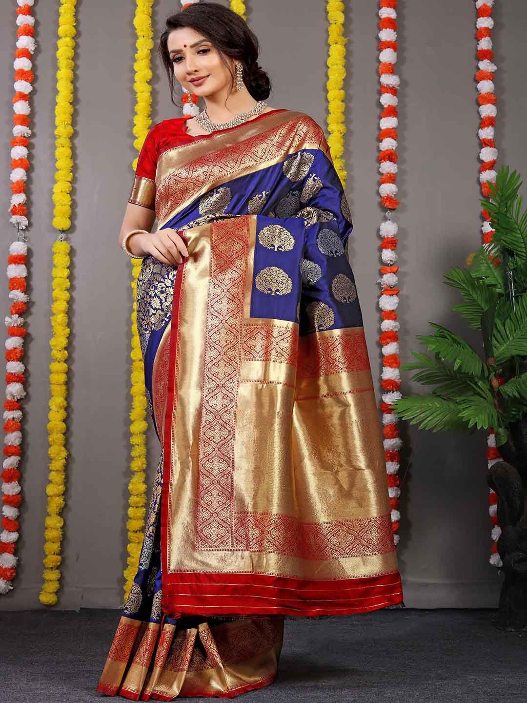 mitera blue & gold-toned woven design zari art silk saree