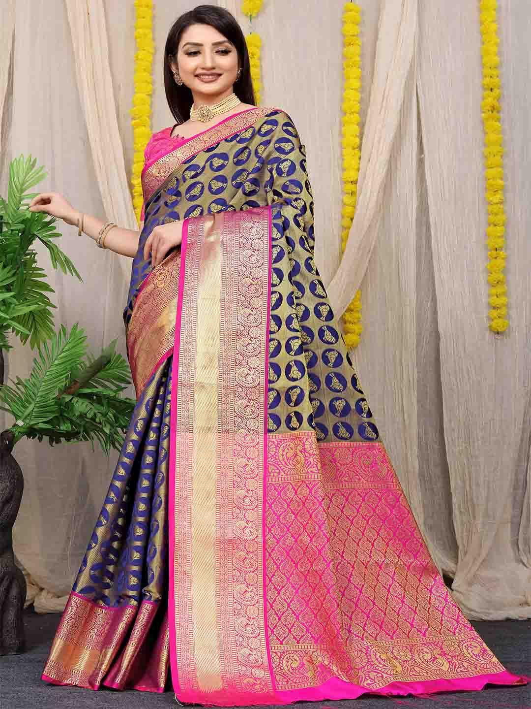 mitera blue & gold-toned woven design zari art silk saree