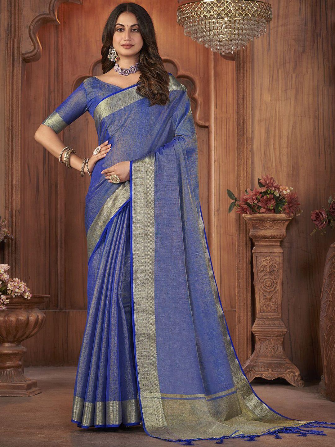 mitera blue & gold-toned woven design zari tissue saree