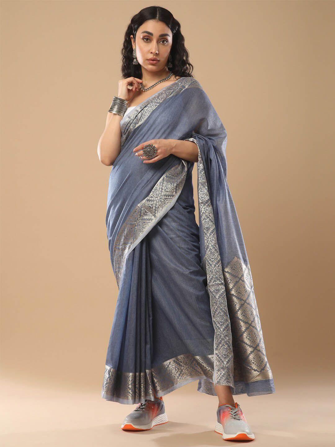 mitera blue & gold-toned zari linen blend banarasi saree