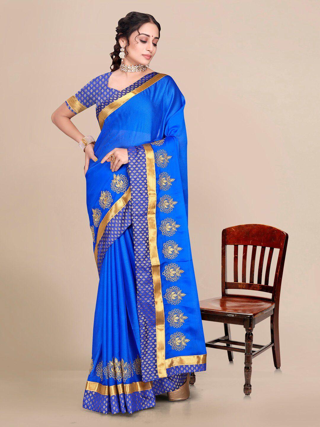 mitera blue & gold-toned zari pure chiffon saree
