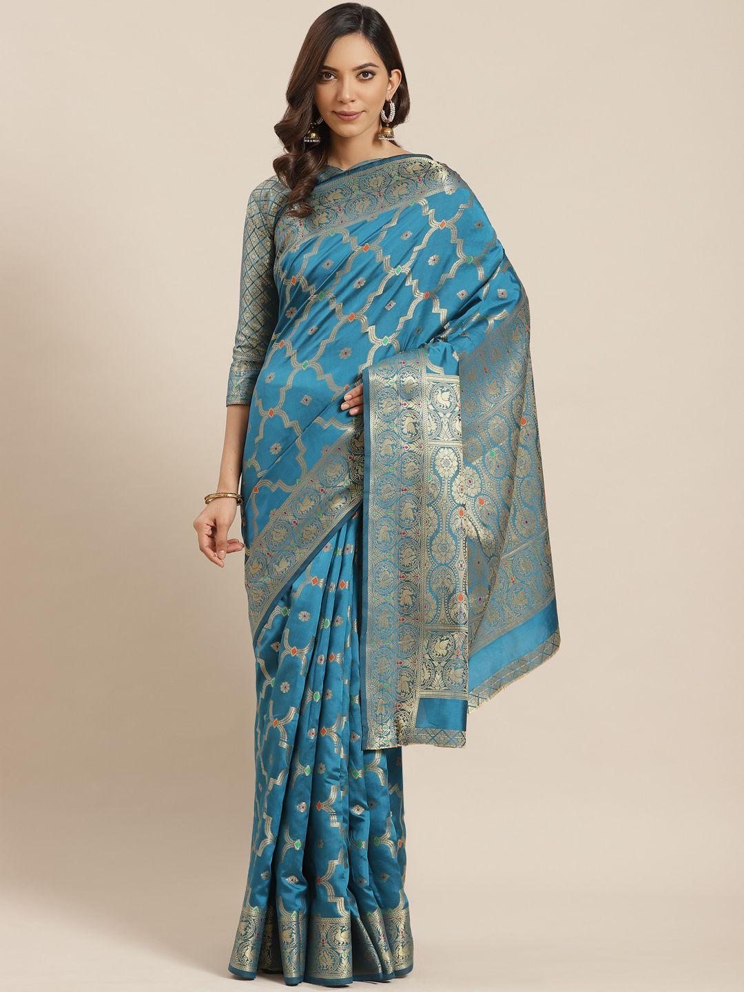 mitera blue & golden woven design banarasi saree