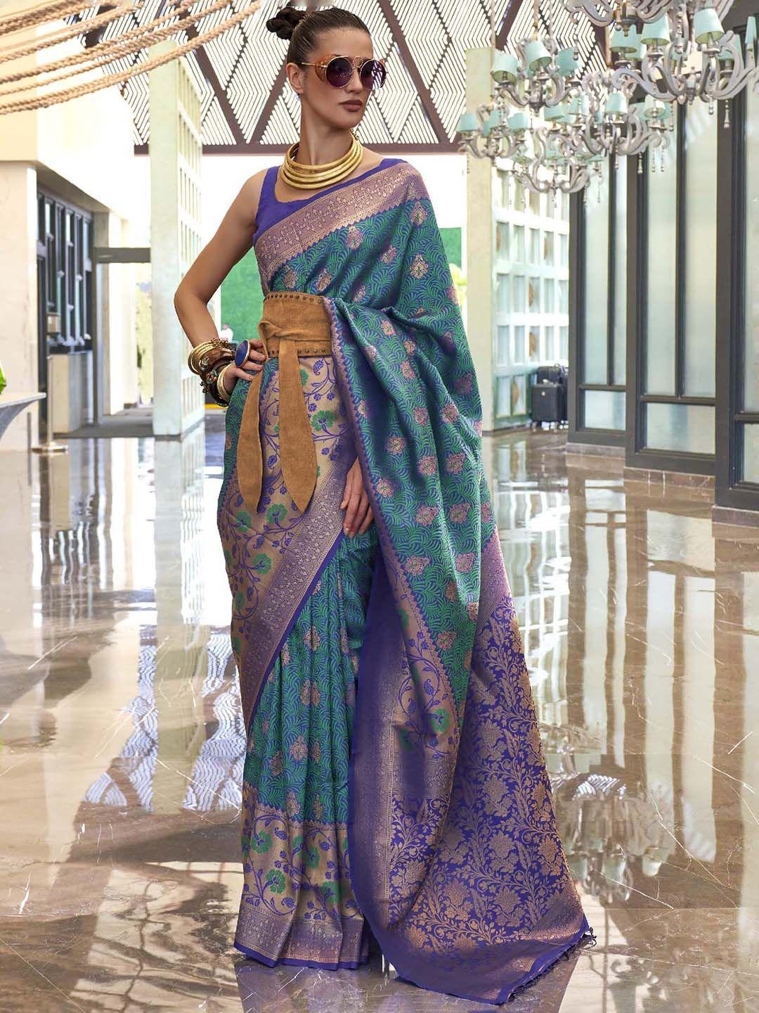 mitera blue & goldtoned ethnic woven design zari silk saree