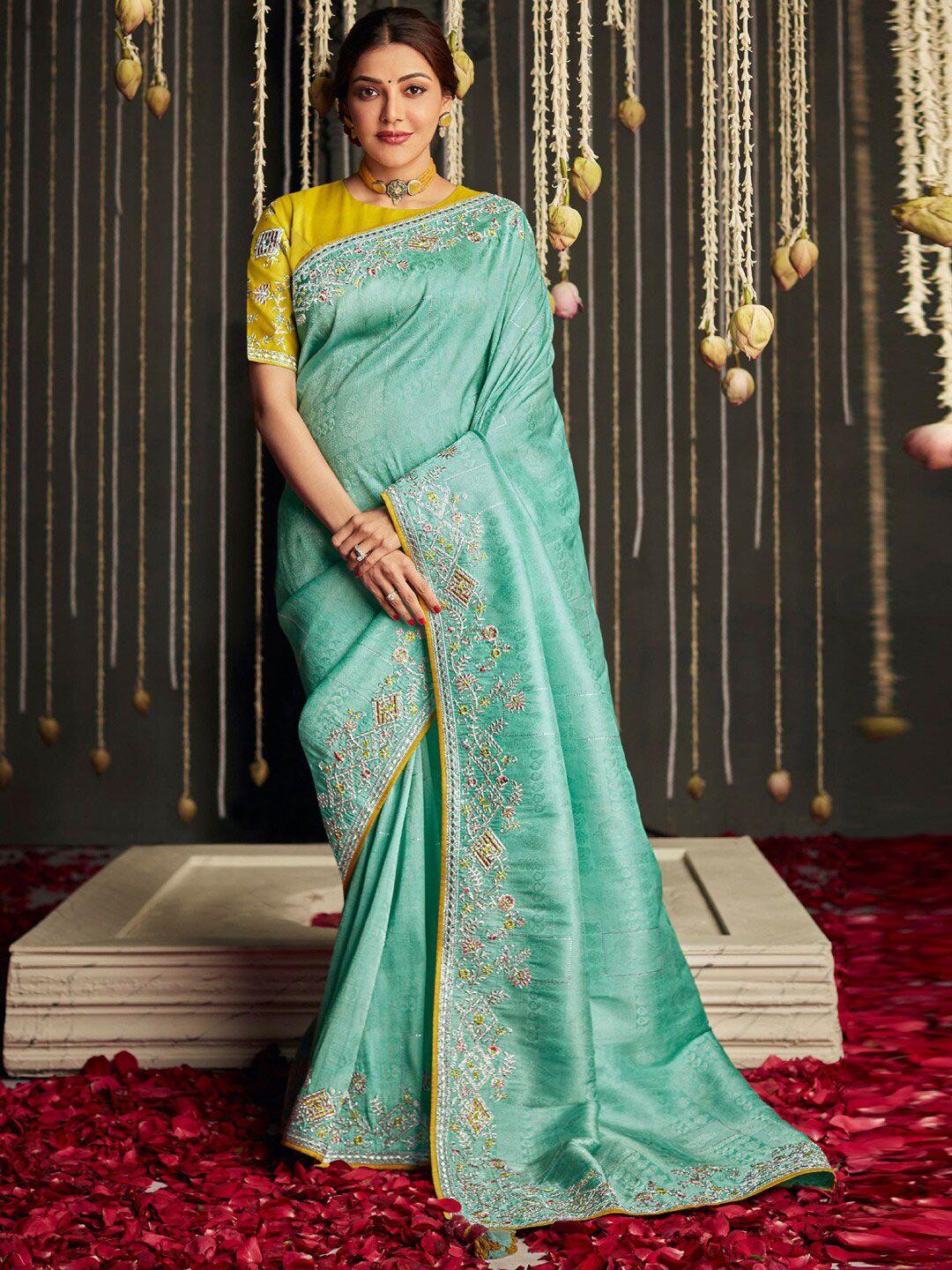 mitera blue & green embellished embroidered silk blend saree