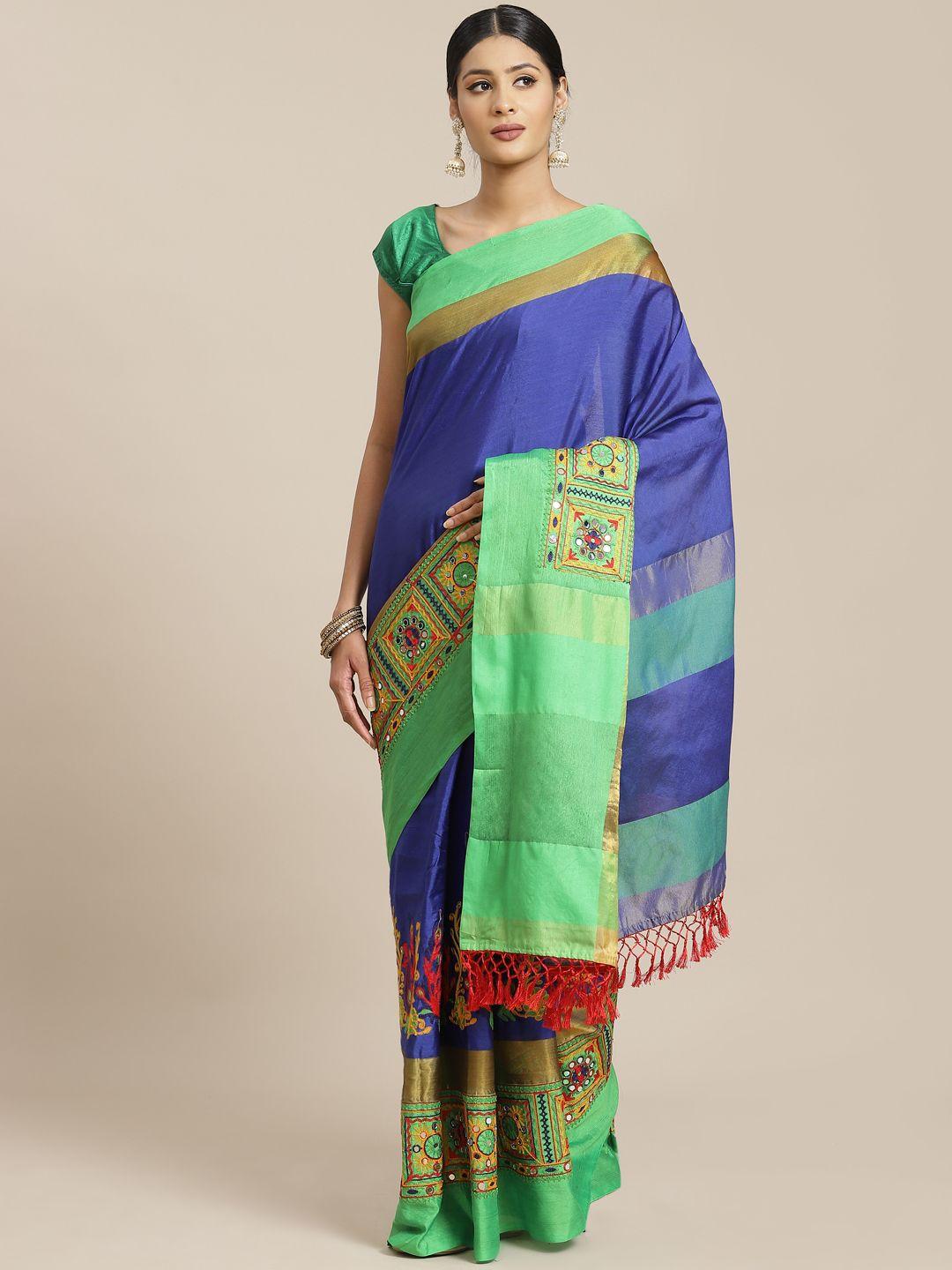 mitera blue & green ethnic motifs embroidered saree