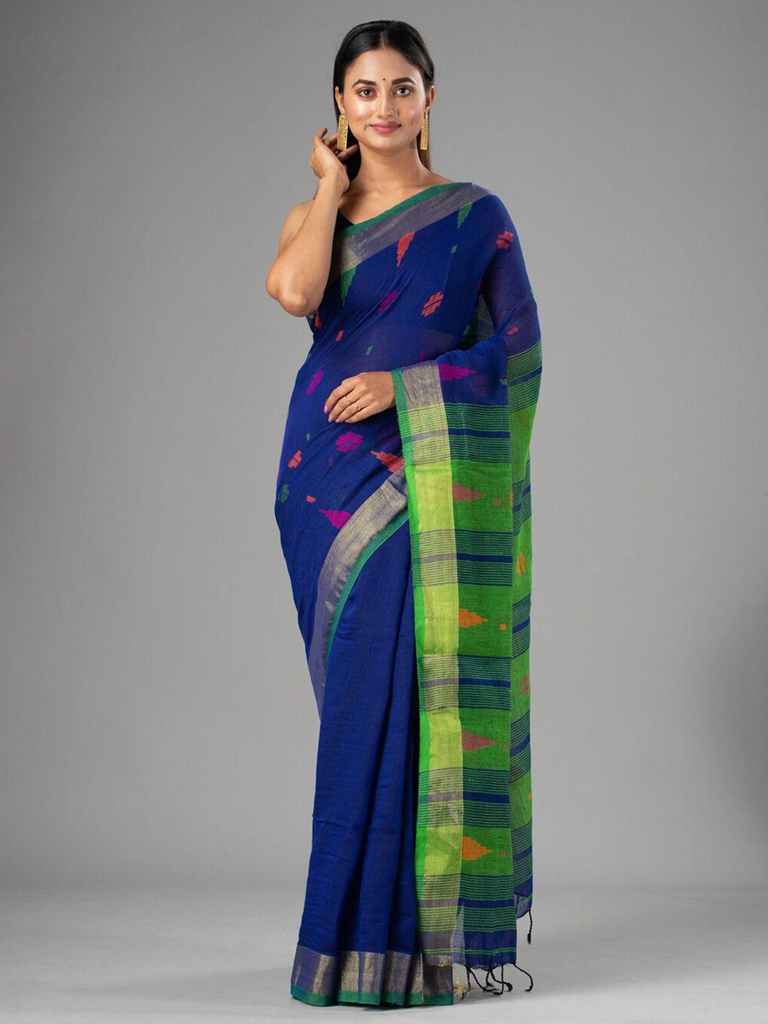 mitera blue & green woven design pure cotton saree