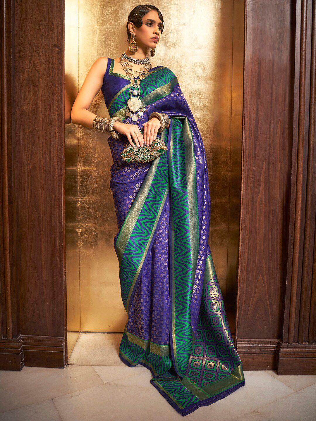 mitera blue & green woven design silk blend banarasi saree