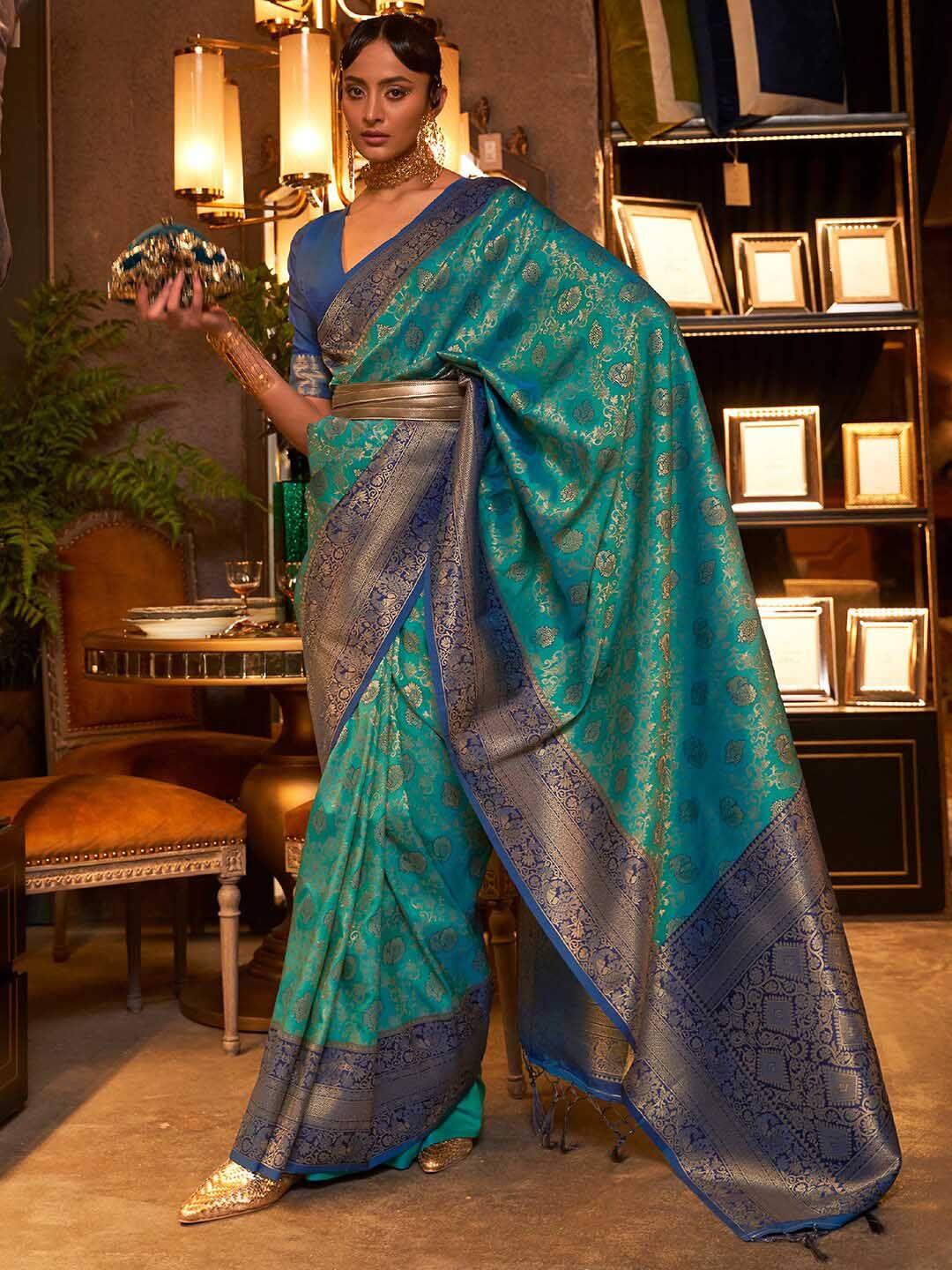 mitera blue & green woven design zari silk blend dharmavaram saree