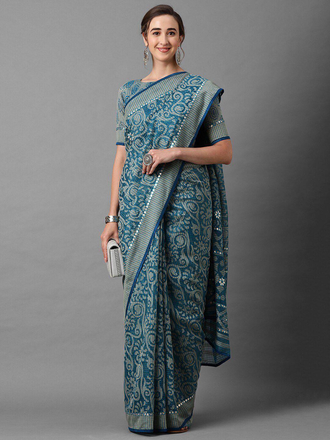 mitera blue & grey floral gotta patti brasso saree