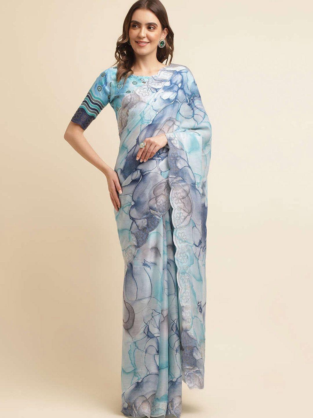 mitera blue & grey floral printed embellished saree