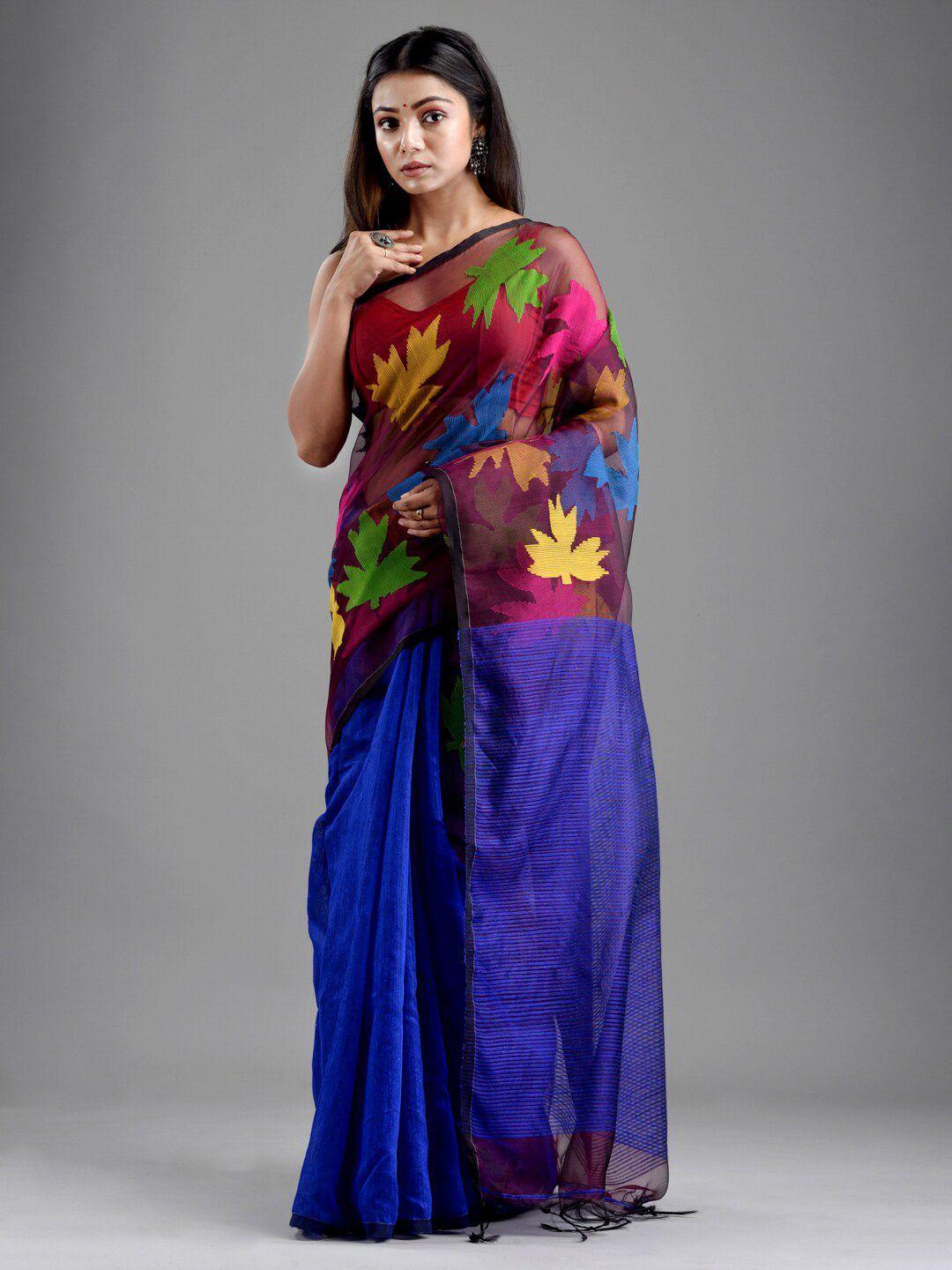 mitera blue & magenta floral art silk saree