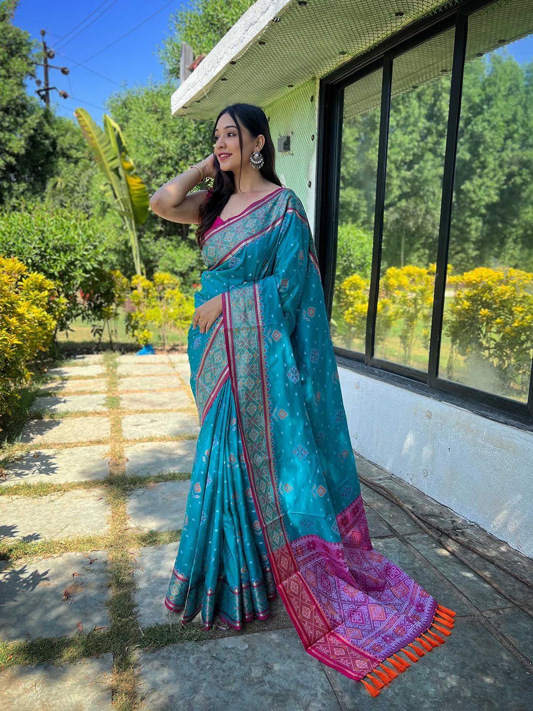 mitera blue & magenta woven design zari patola saree