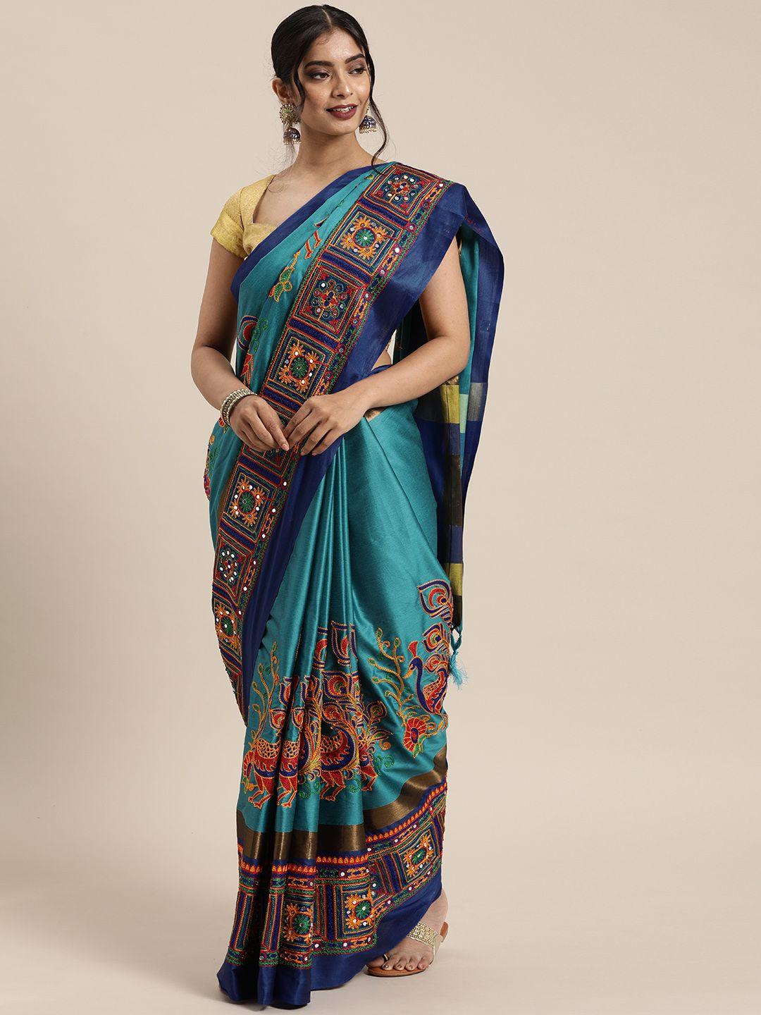 mitera blue & multicoloured silk cotton embroidered saree