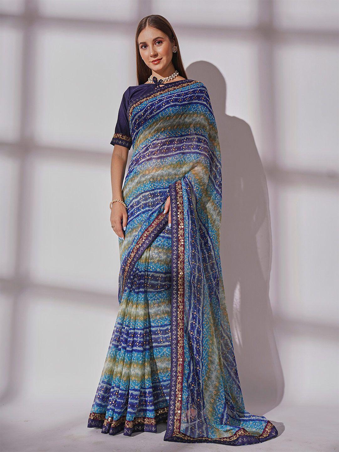 mitera blue & olive green bandhani printed embroidered pure georgette saree