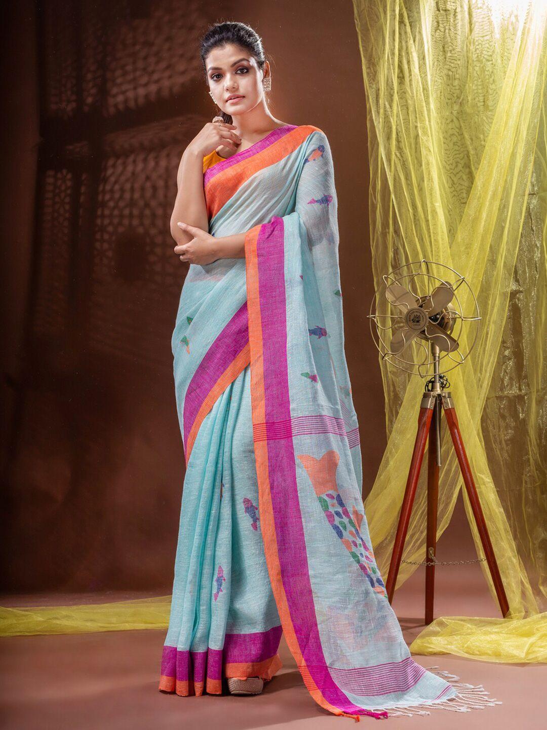 mitera blue & pink abstract printed pure linen handloom saree