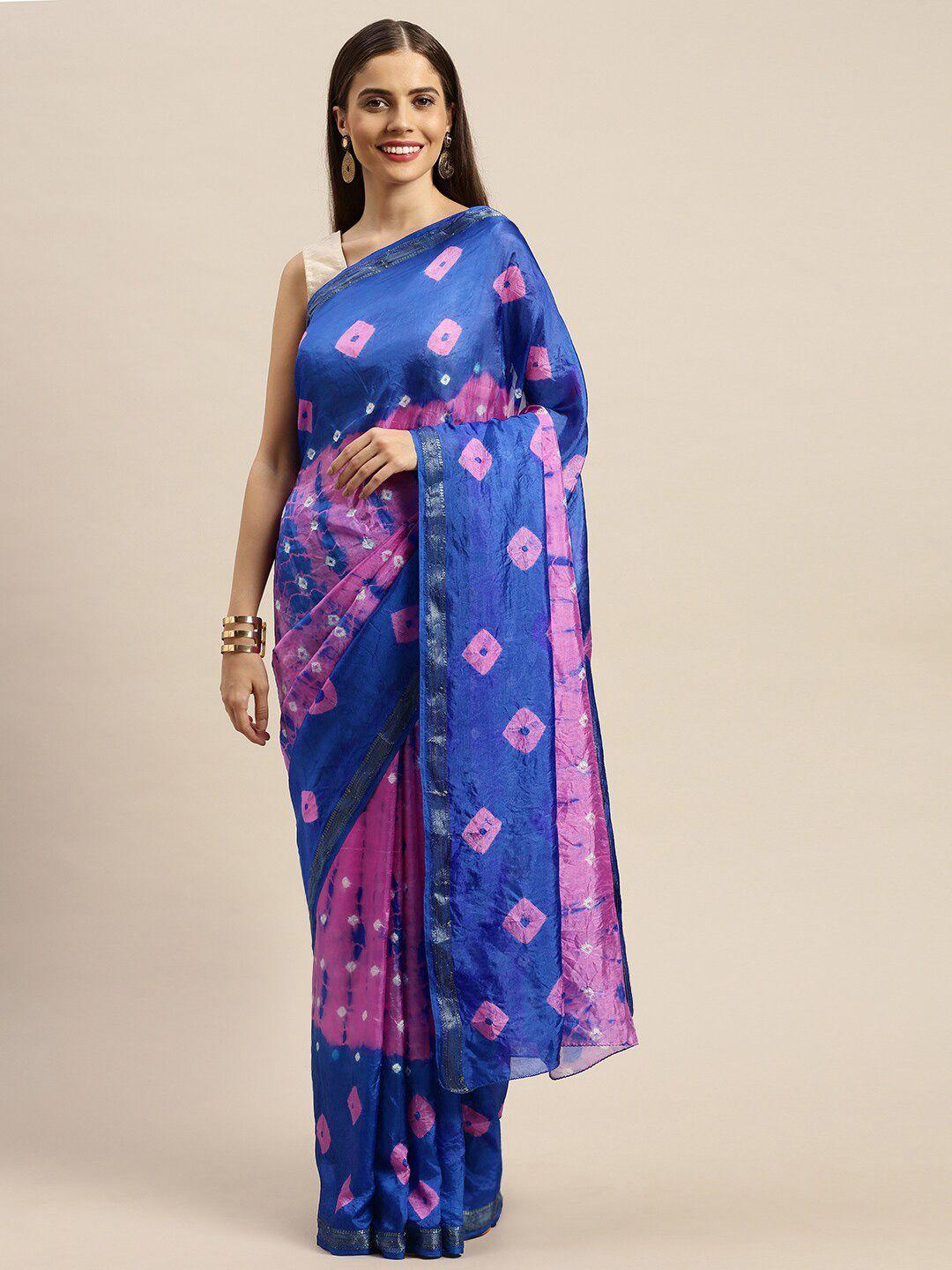 mitera blue & pink bandhani print art silk saree