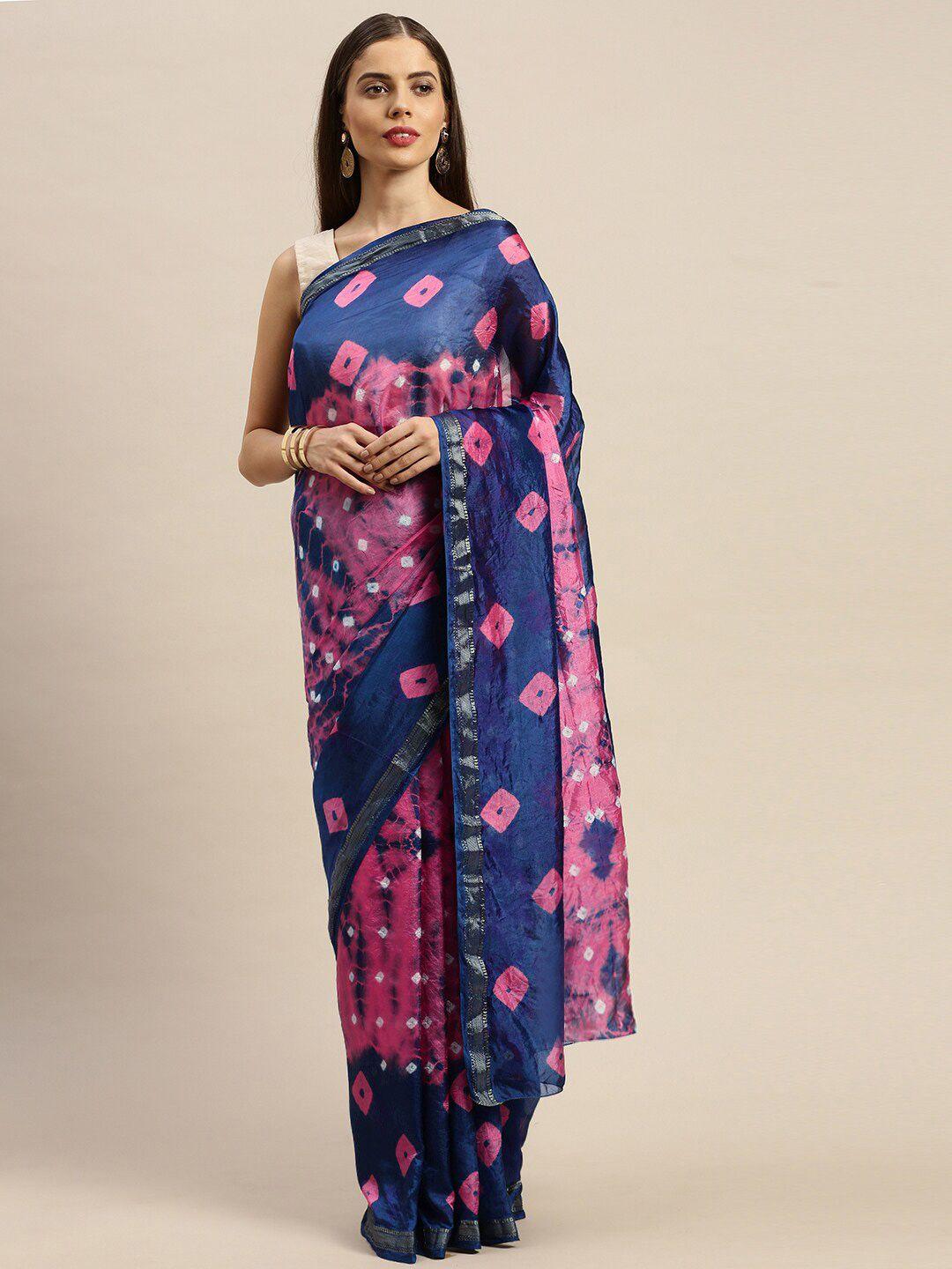 mitera blue & pink bandhani zari art silk bandhani saree