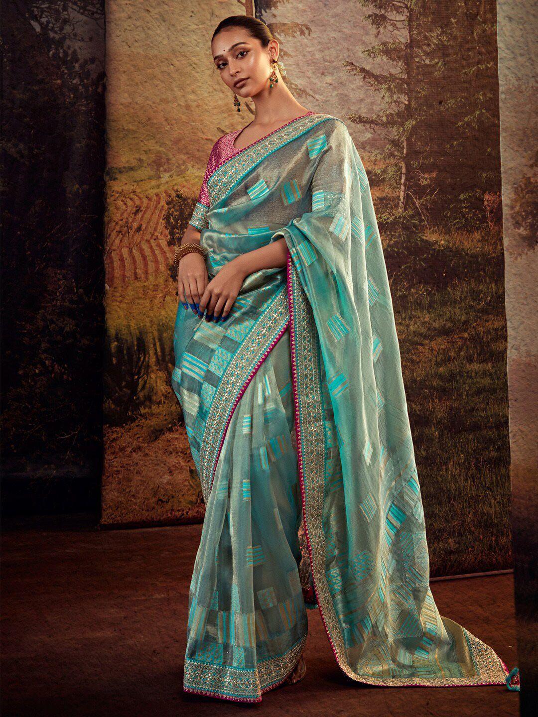 mitera blue & pink embroidered tissue saree