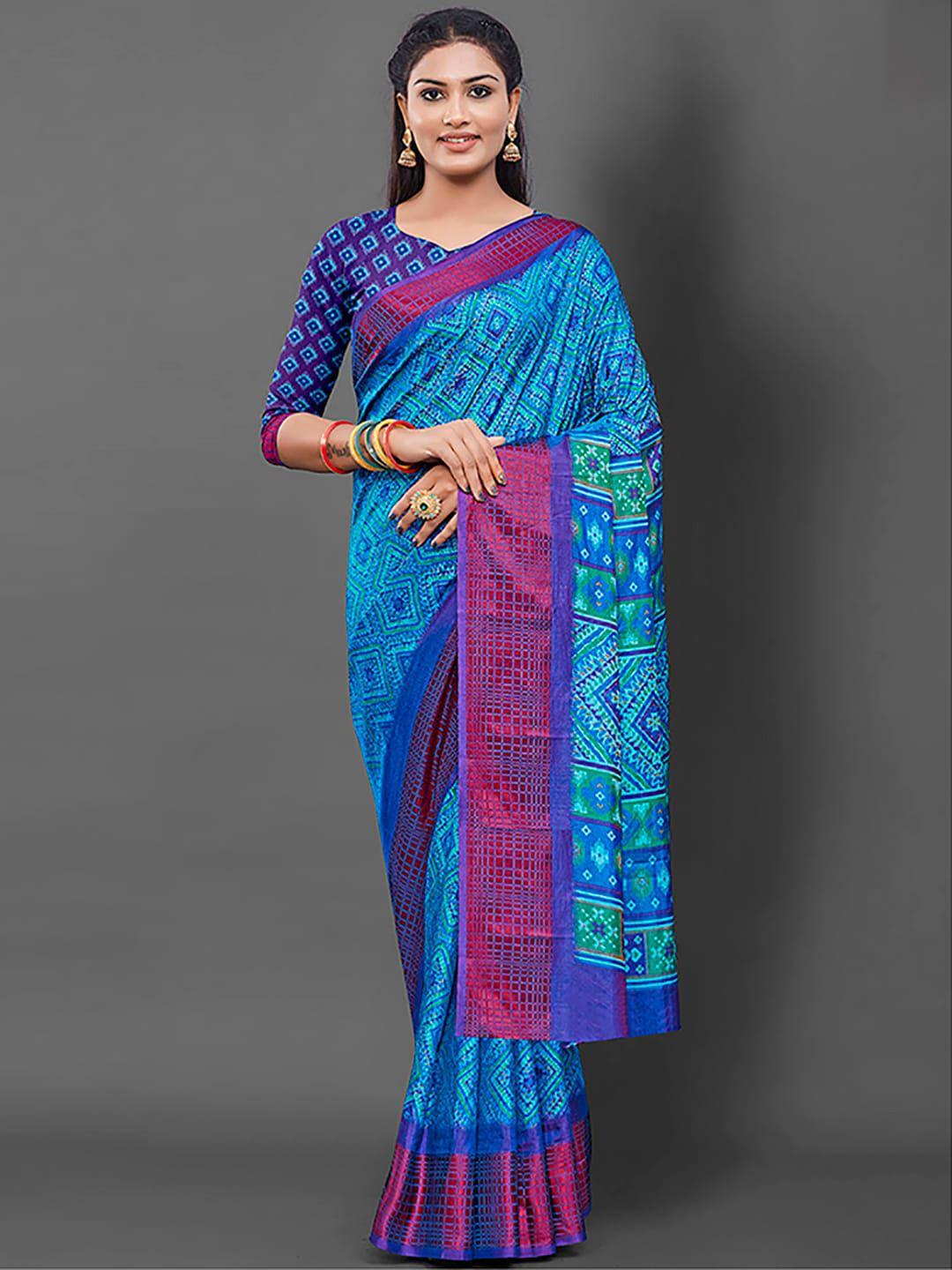 mitera blue & pink ethnic motifs printed bagru saree