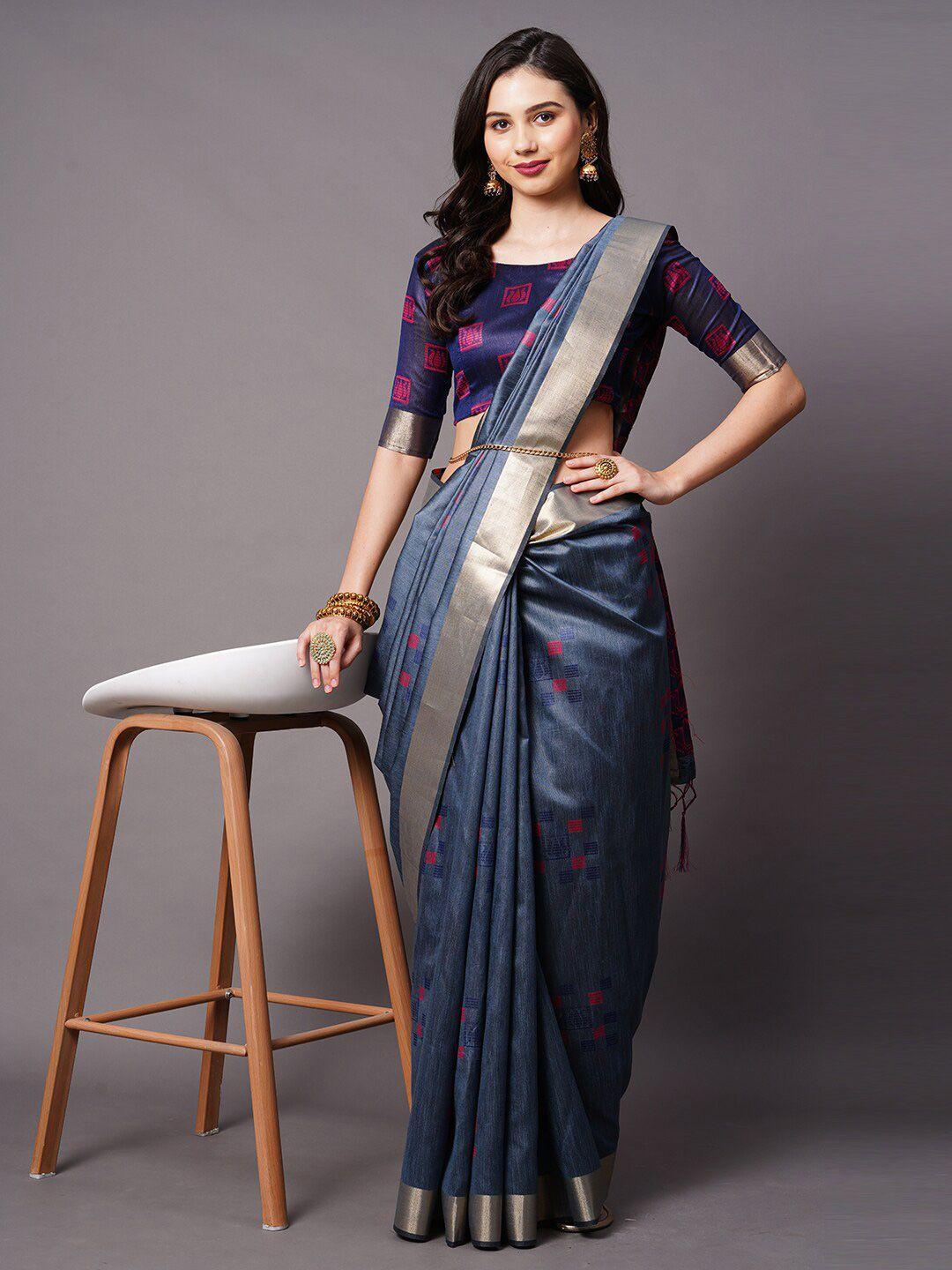 mitera blue & pink ethnic motifs silk cotton banarasi saree