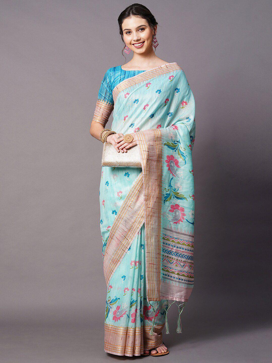 mitera blue & pink floral printed linen blend saree