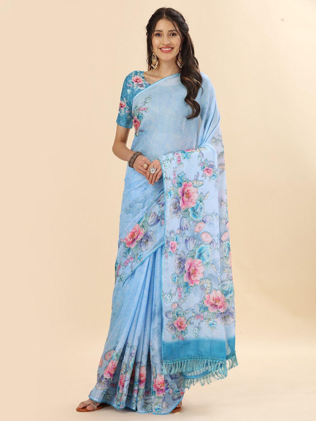 mitera blue & pink floral printed satin saree