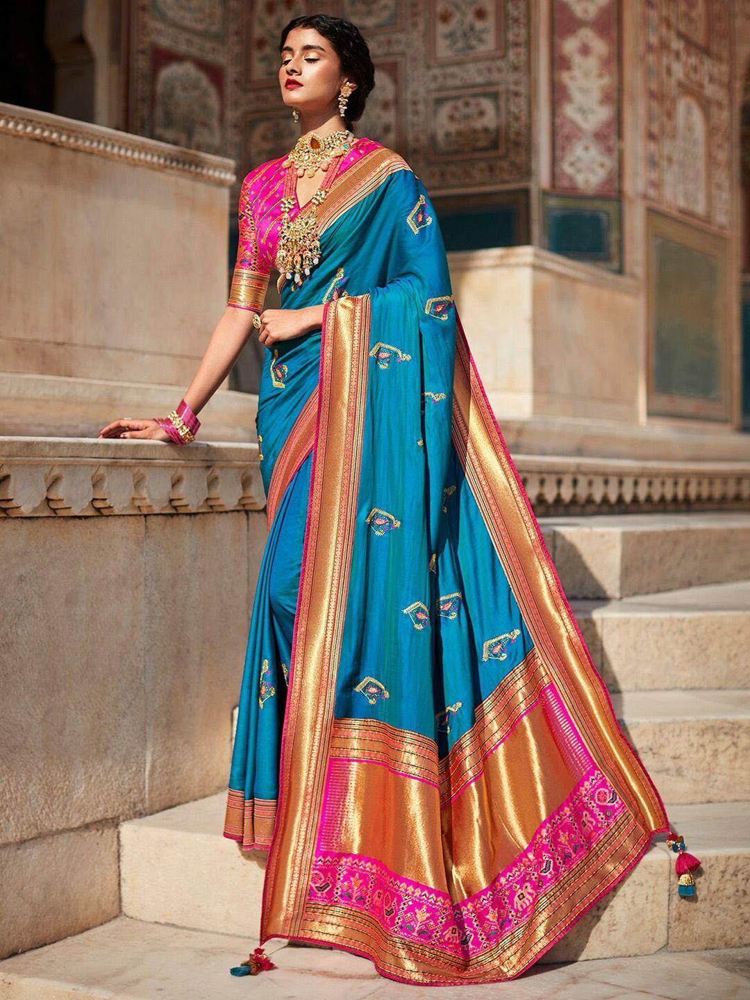 mitera blue & pink floral zari silk blend saree