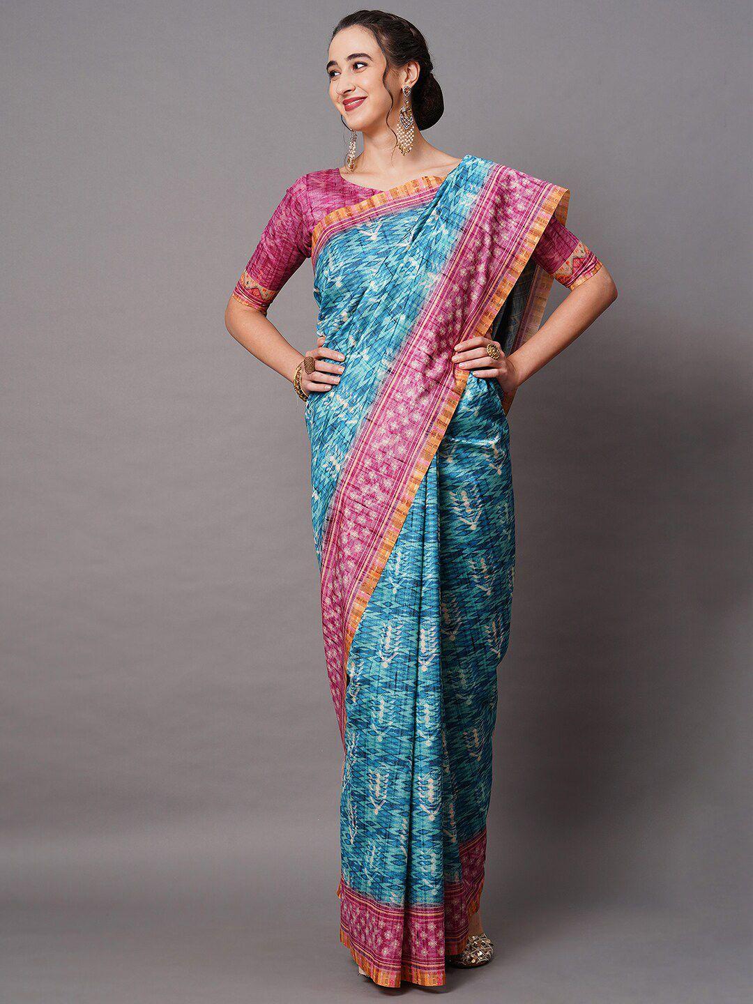 mitera blue & pink silk blend abstract printed saree