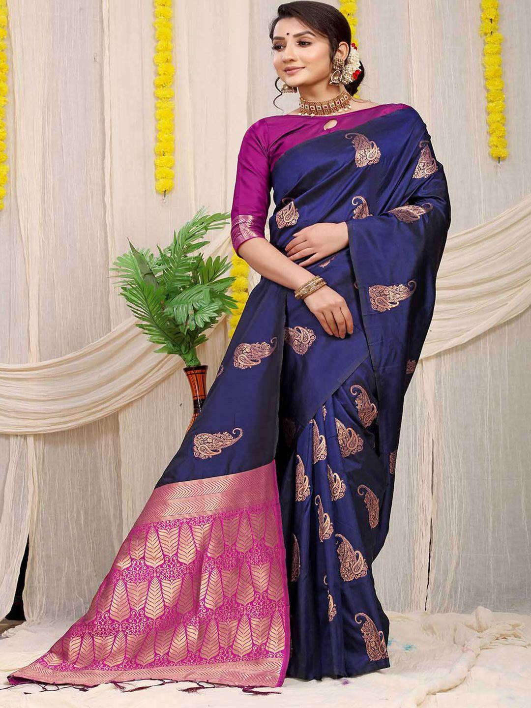 mitera blue & purple paisley woven design zari art silk saree