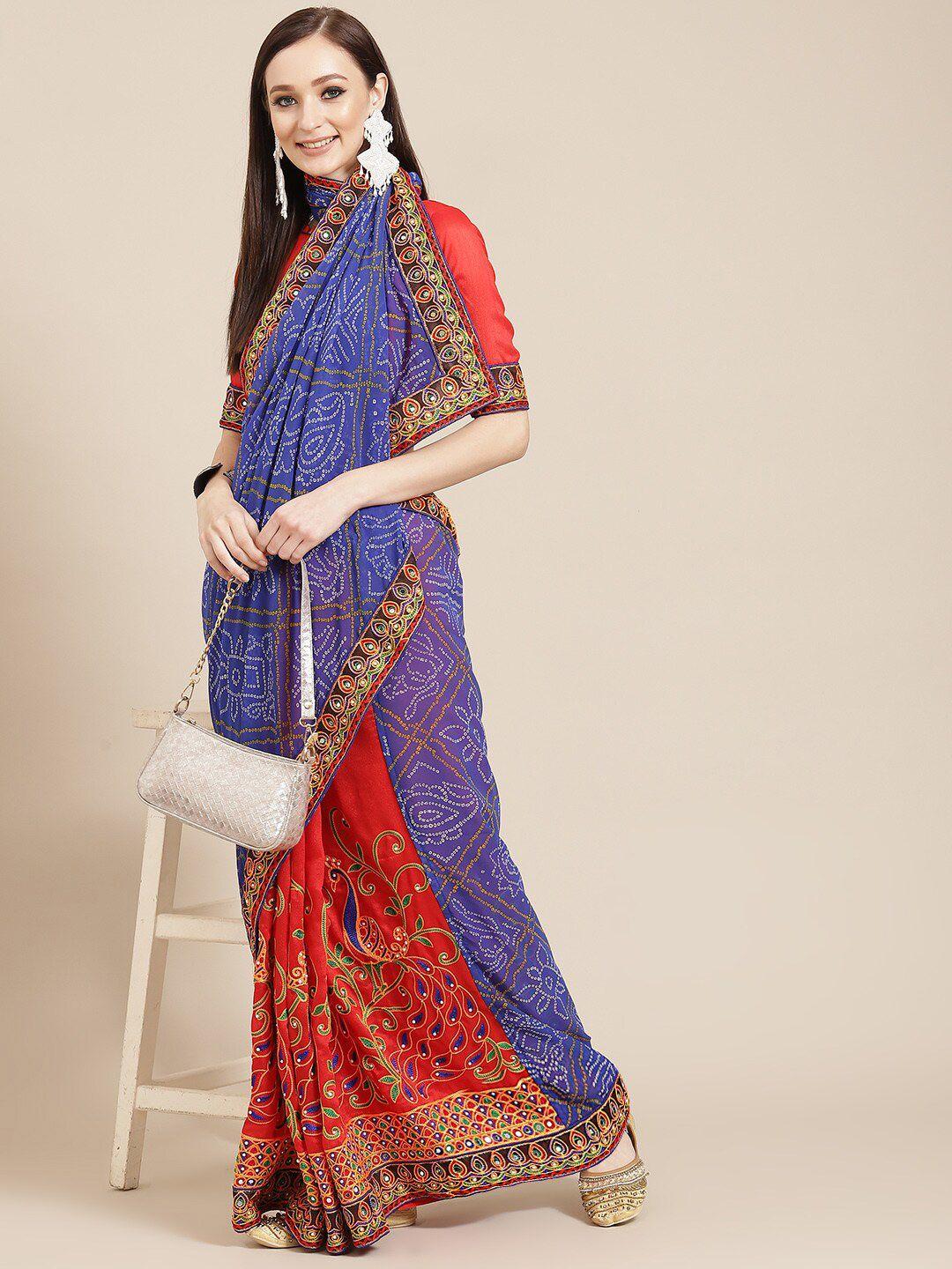 mitera blue & red bandhani printed embroidered saree