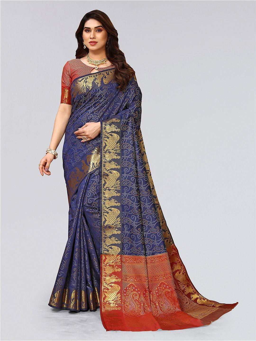 mitera blue & red bandhani zari saree