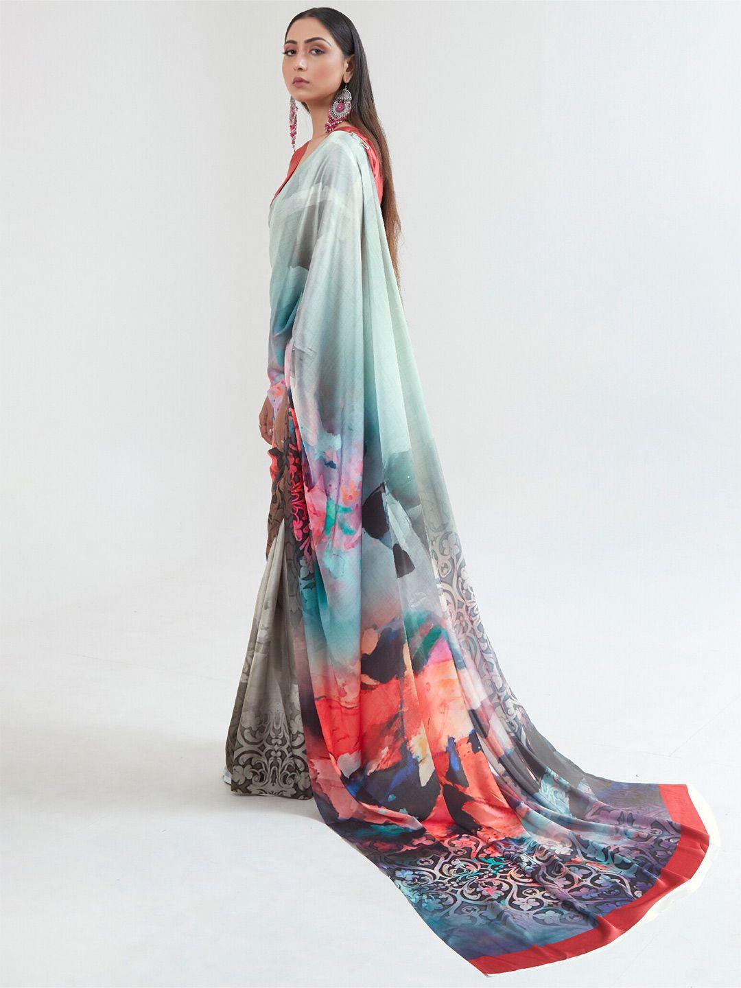 mitera blue & red floral satin saree