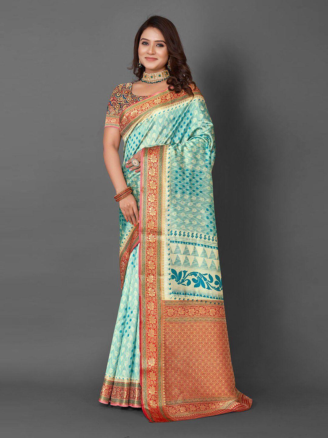 mitera blue & red floral woven design zari banarasi saree