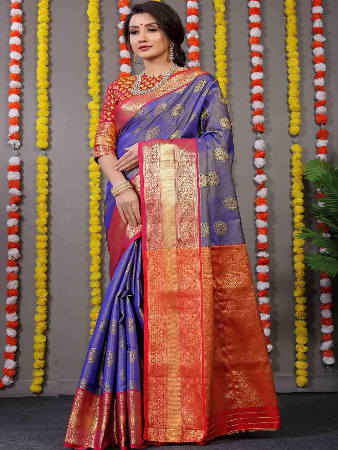 mitera blue & red woven design zari art silk saree