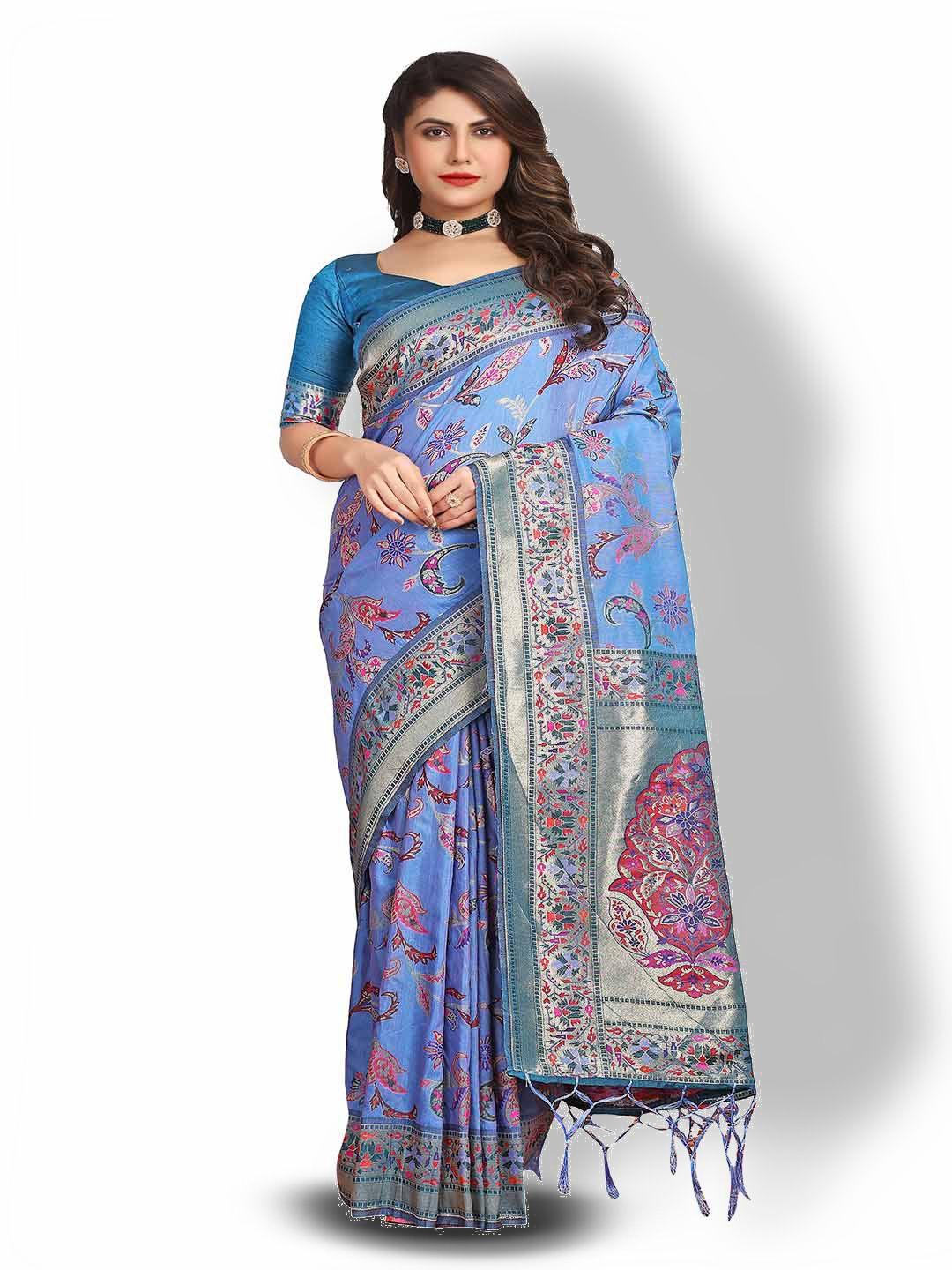 mitera blue & red woven design zari art silk saree