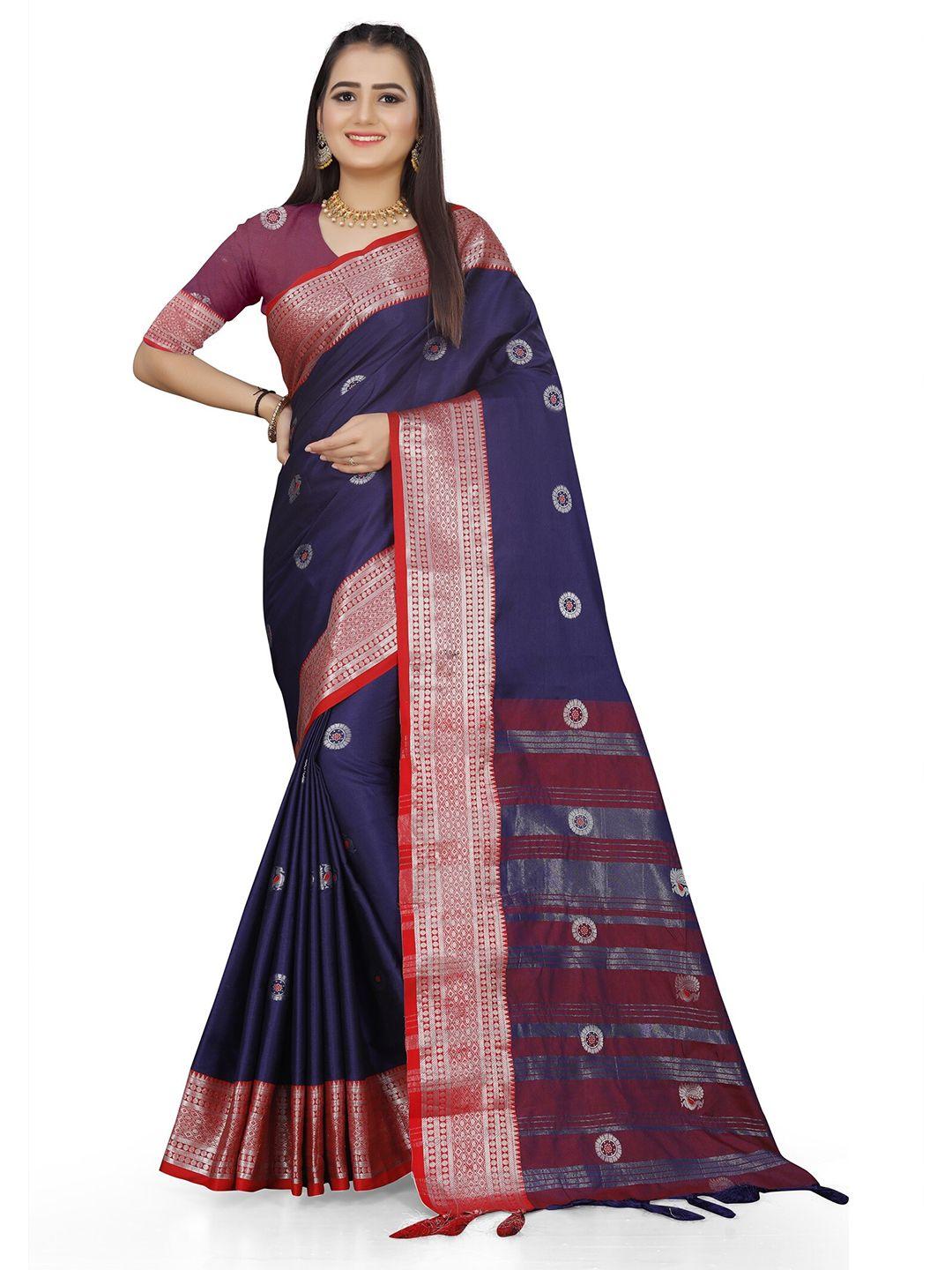 mitera blue & red woven design zari pure cotton kanjeevaram saree