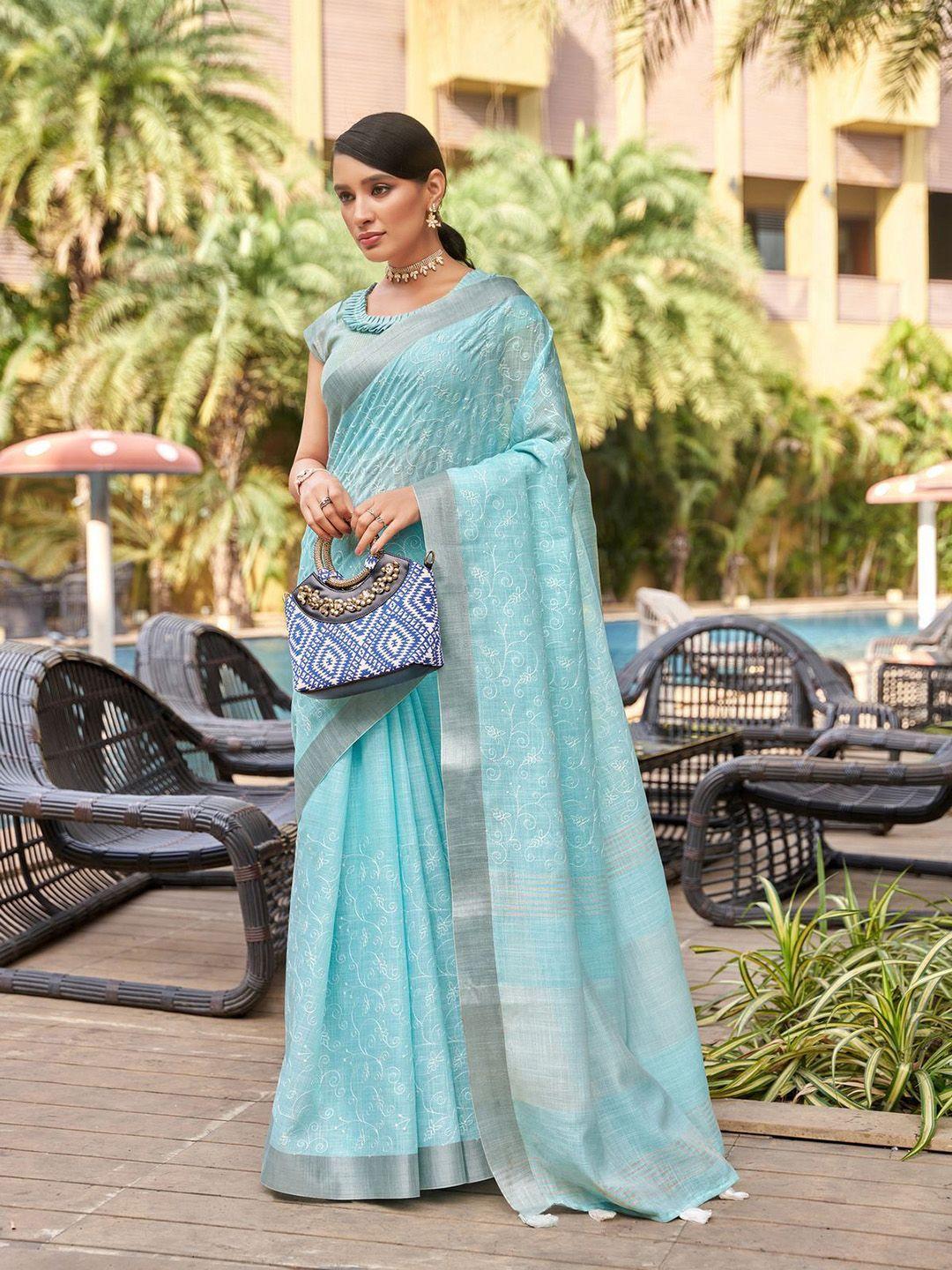 mitera blue & silver-toned floral embroidered zari pure linen banarasi saree
