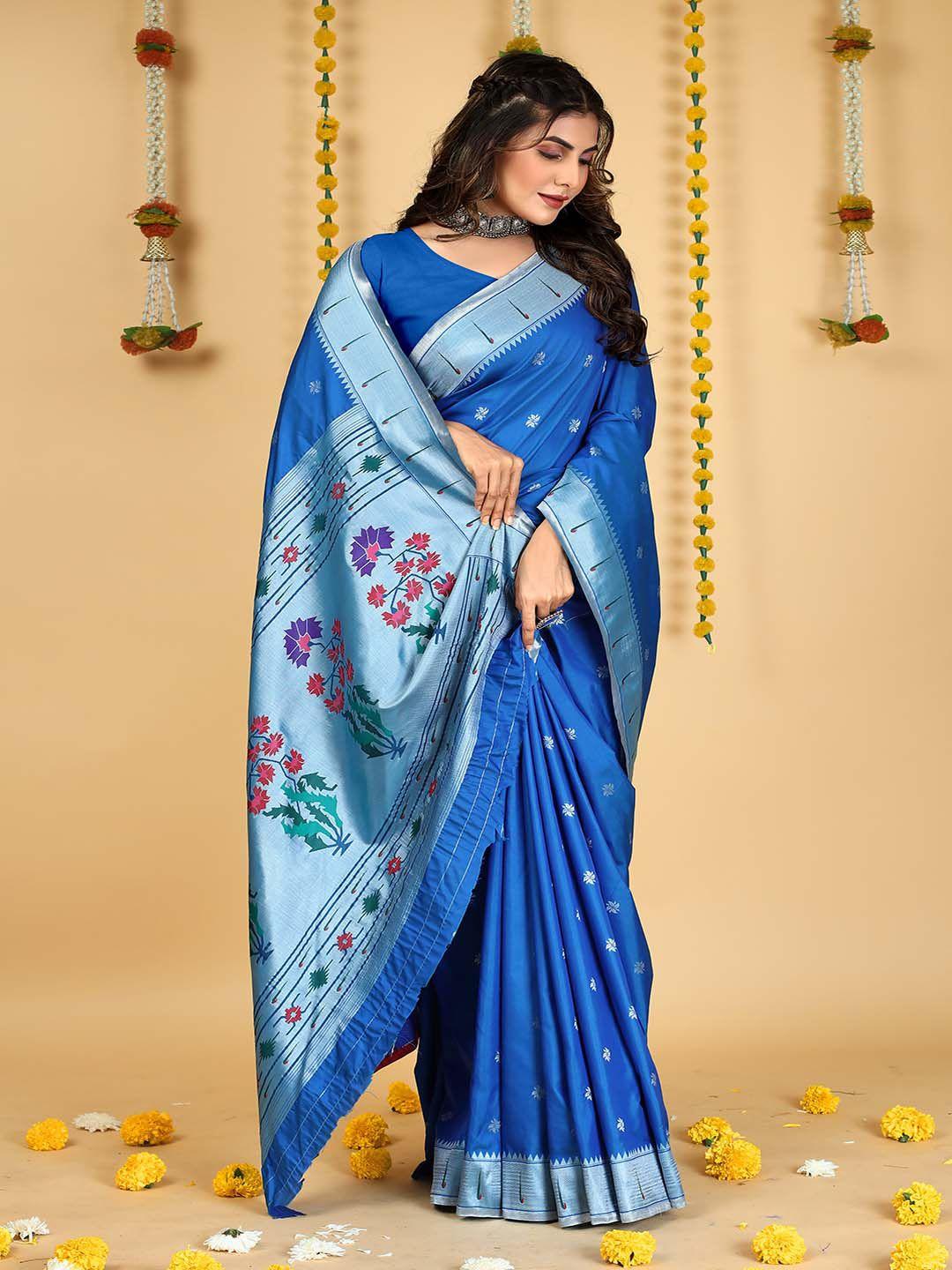 mitera blue & silver-toned woven design zari art silk saree