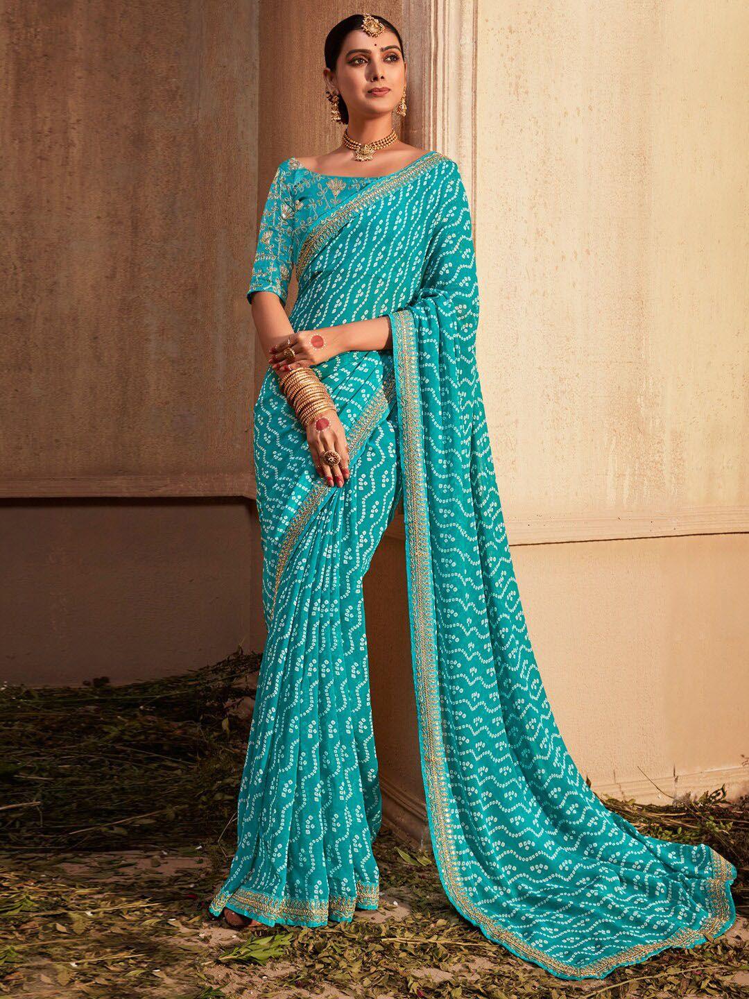 mitera blue & white bandhani embroidered pure georgette designer bandhani saree
