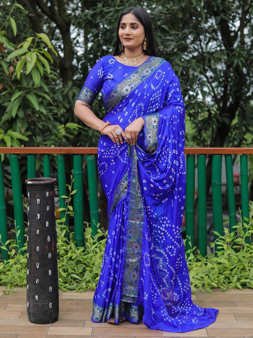 mitera blue & white bandhani zari bandhani saree