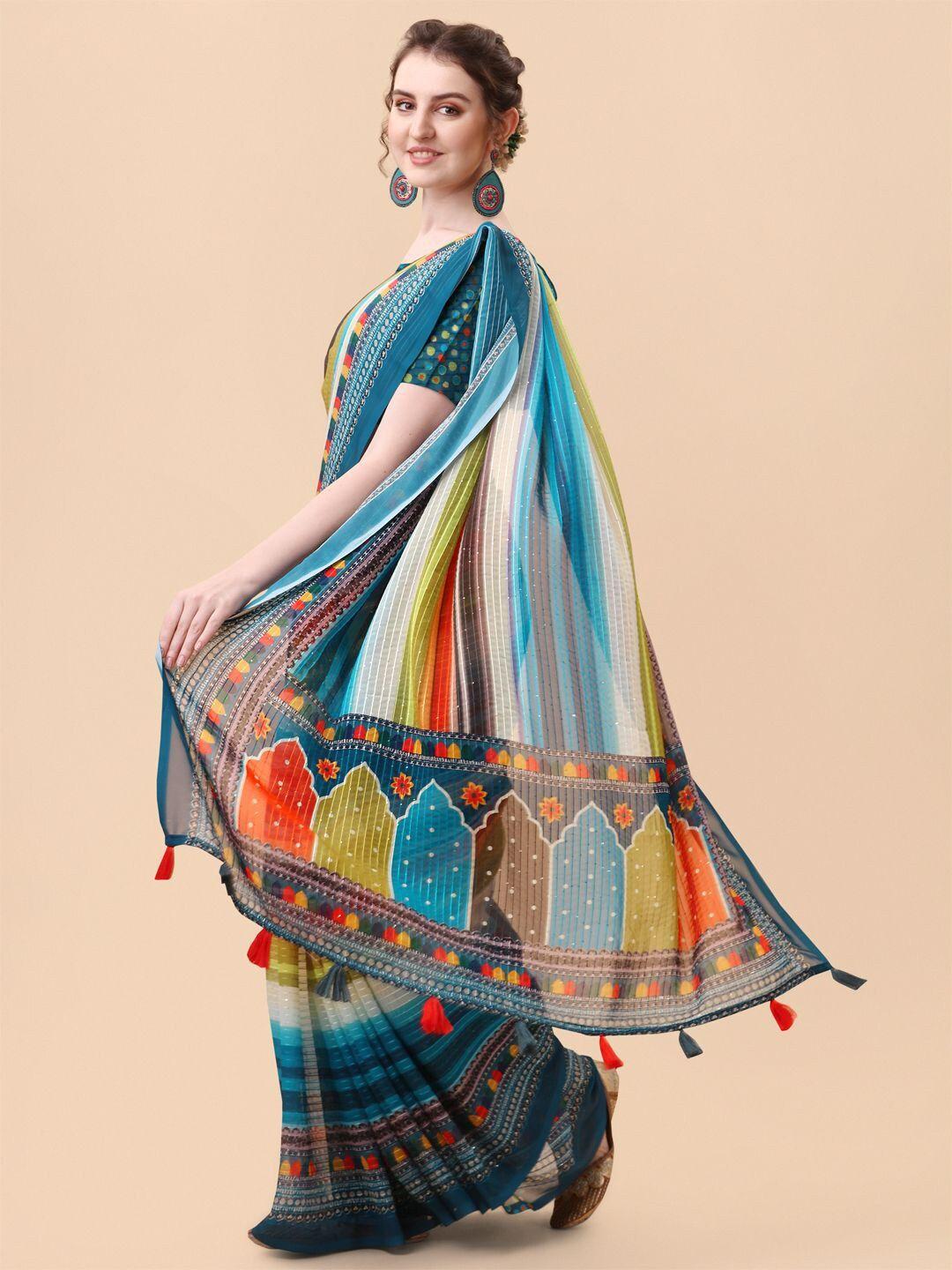 mitera blue & white ethnic motifs pure georgette saree