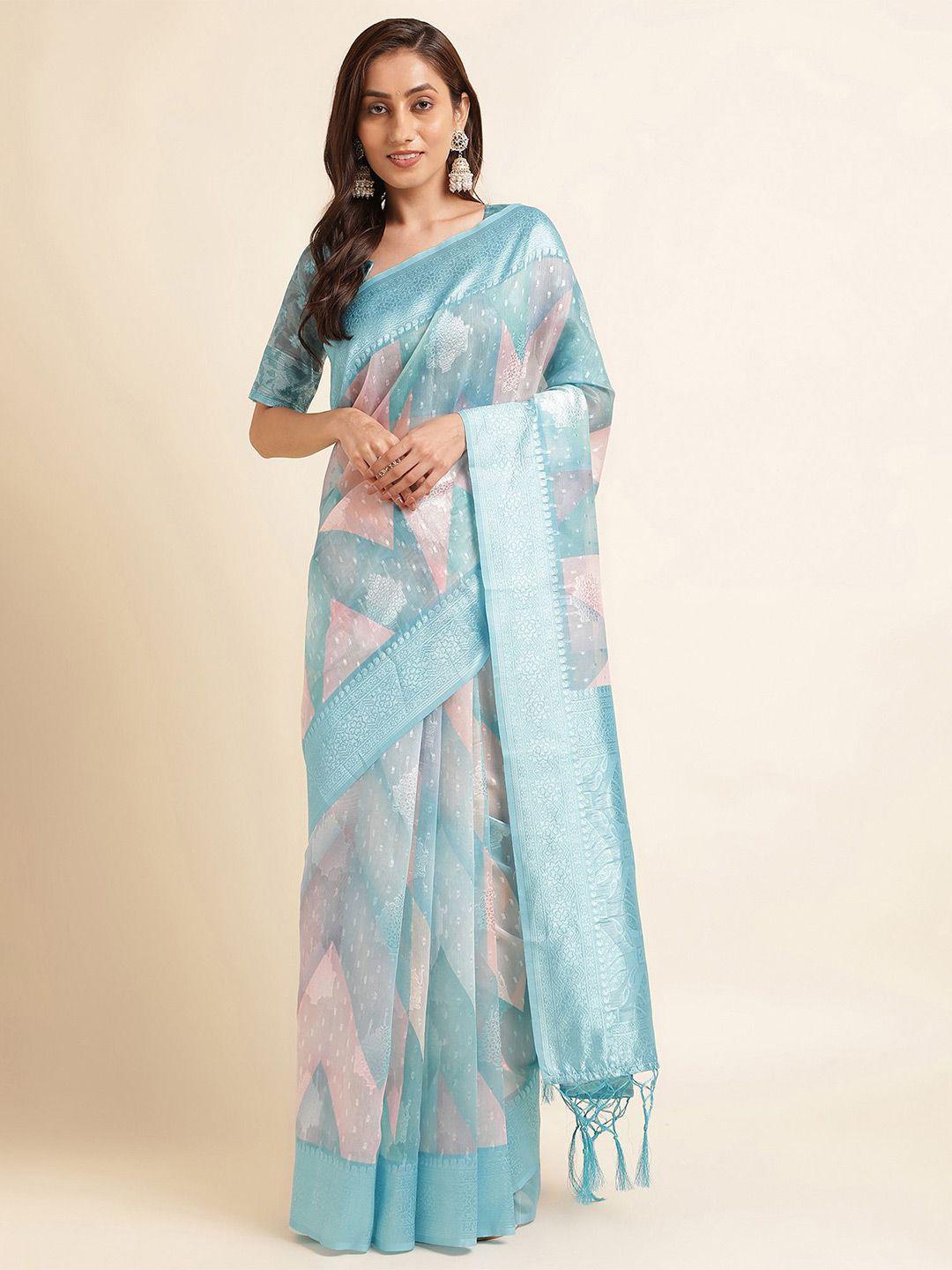 mitera blue & white ethnic motifs woven design zari saree