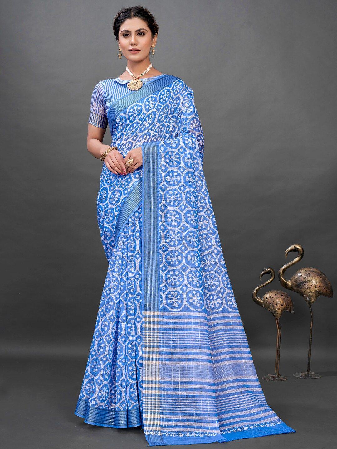 mitera blue & white ethnic motifs zari block print saree