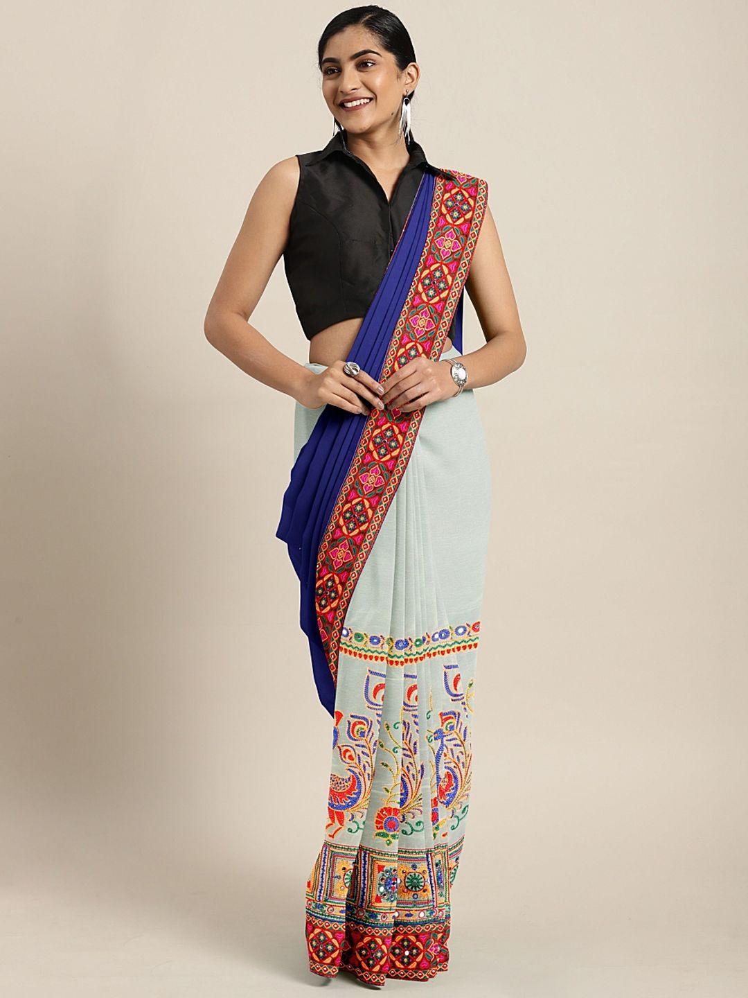 mitera blue & white heavy kutchi work with peacock design embroidered saree