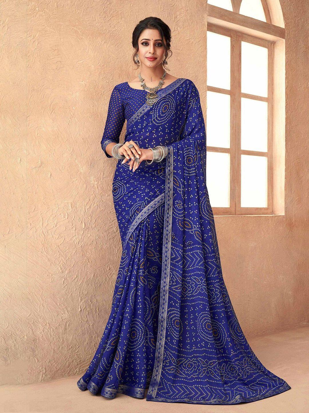 mitera blue & white printed bandhani saree