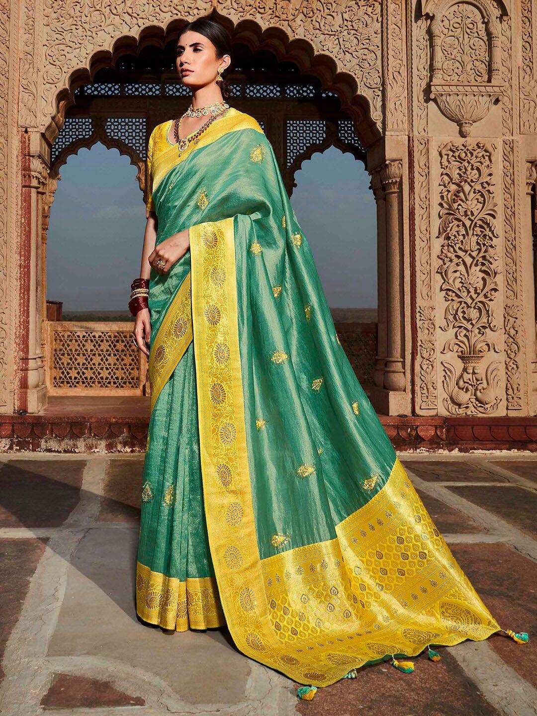 mitera blue & yellow ethnic motifs beads and stones organza banarasi saree