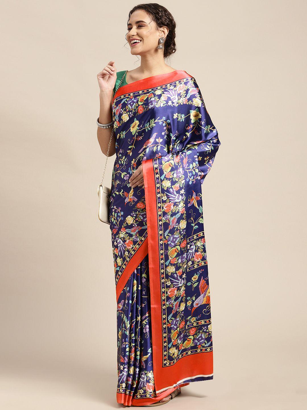 mitera blue & yellow floral print satin celebrity  saree